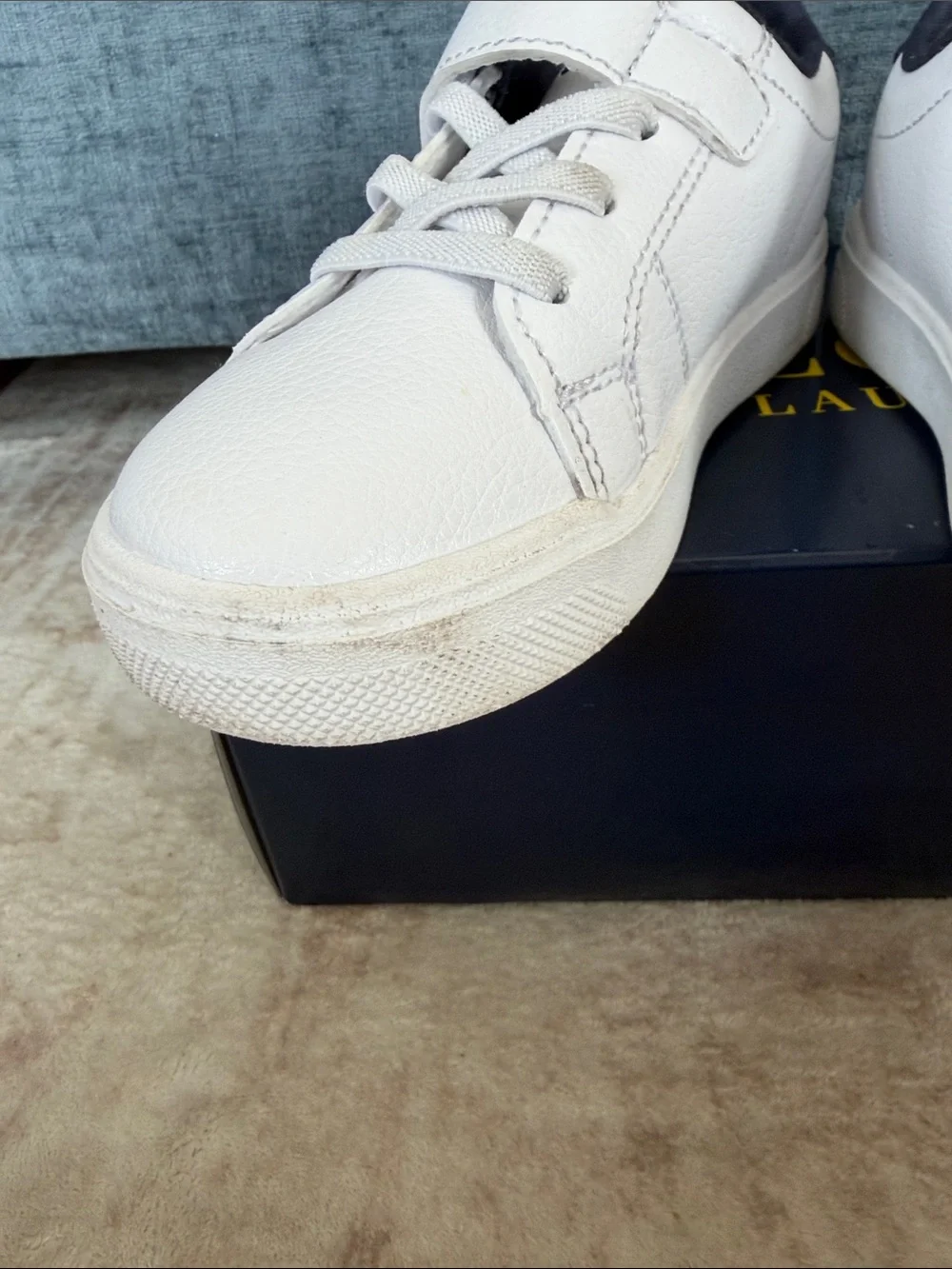 Polo by Ralph Lauren White Leather Kids Sneakers with Navy Trim Unisex